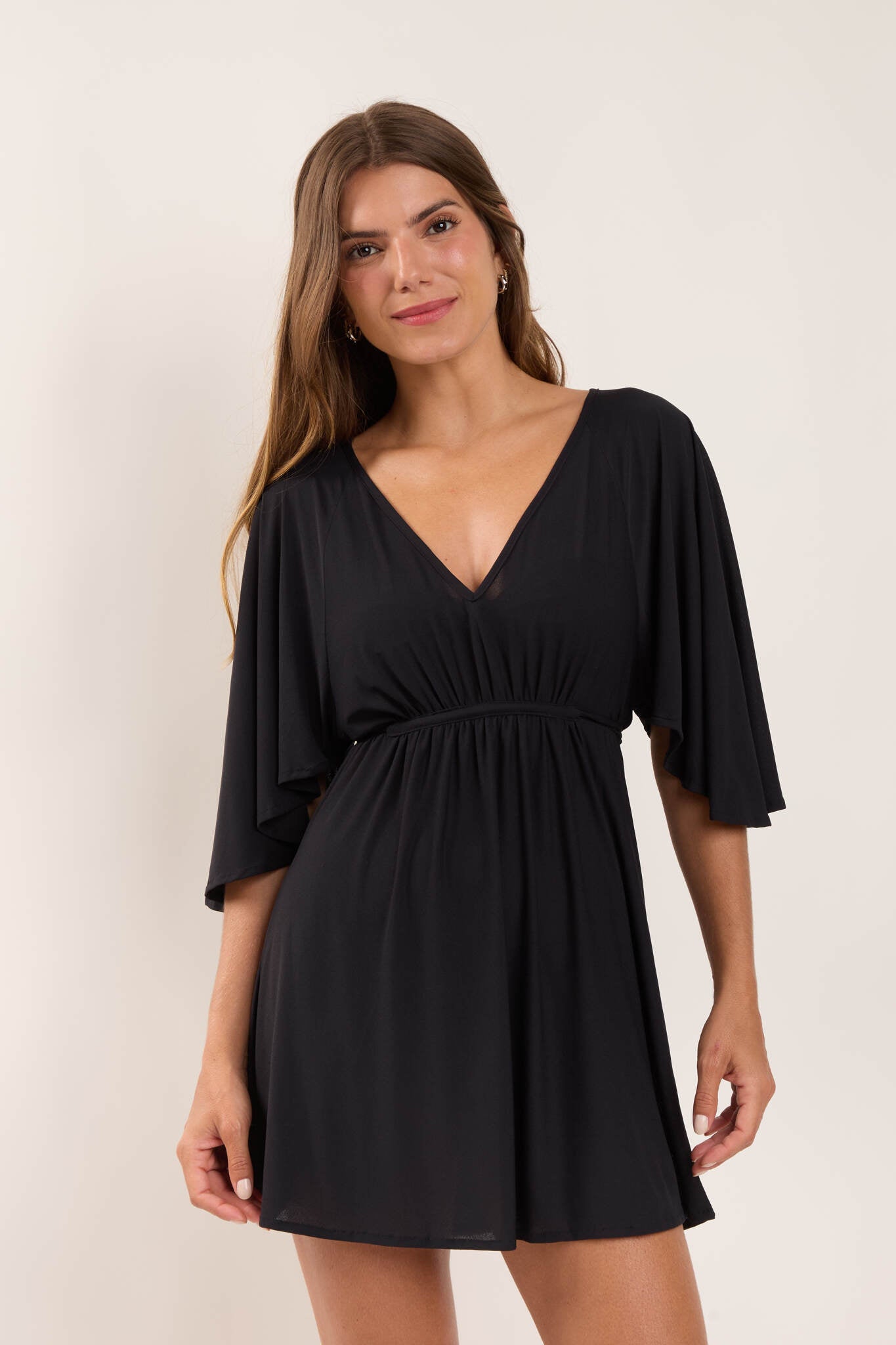 Model Front: Rio De Sol Mini Dress Black Mini Dress